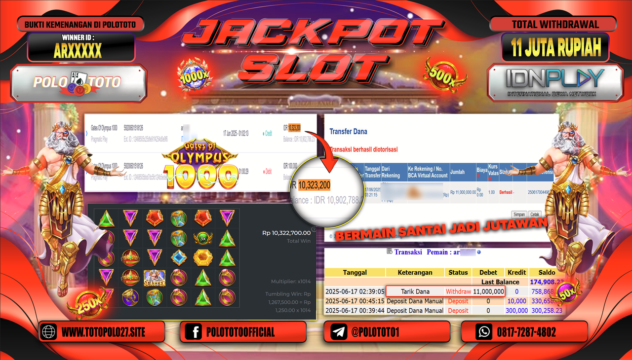 POLOTOTO JACKPOT SLOT GATES OF OLYMPUS 1000 Rp.11.000.000,-