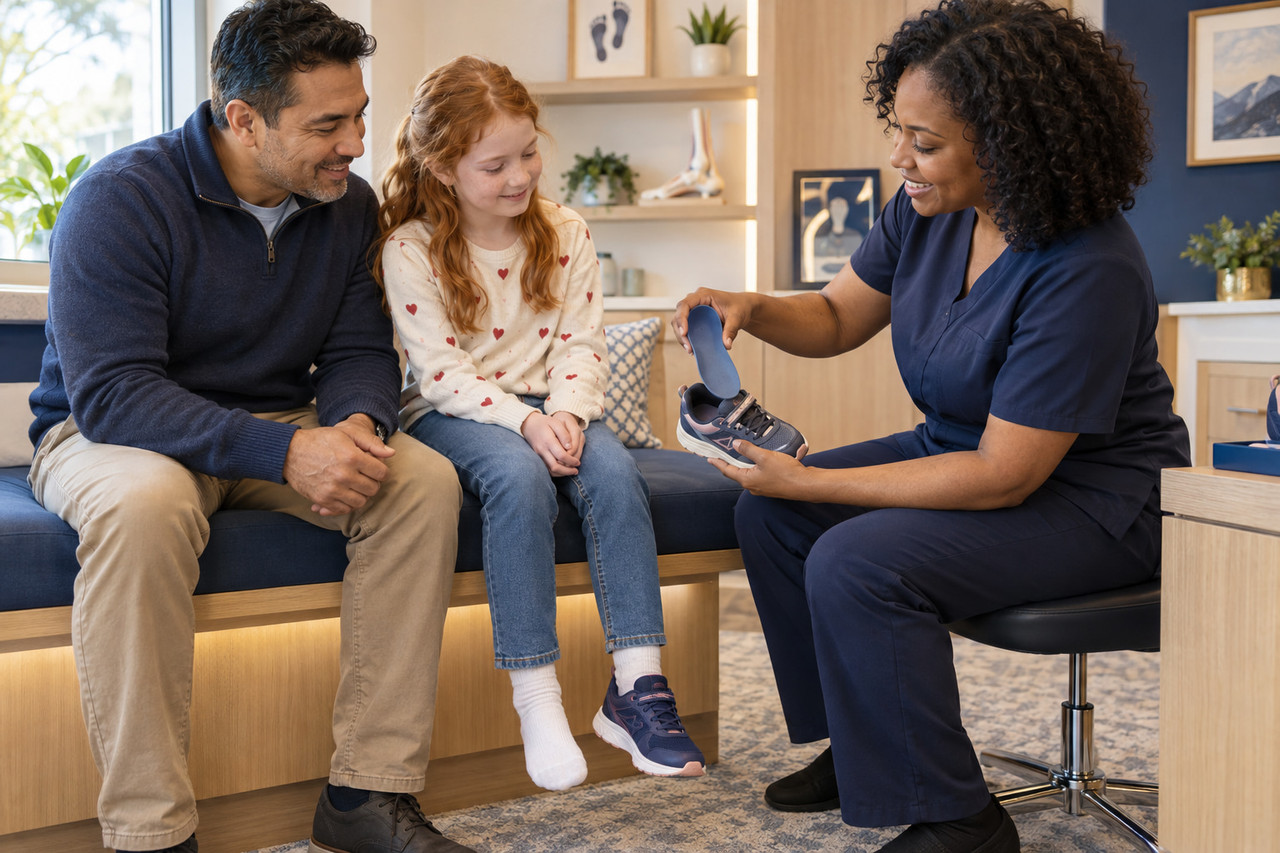 Child and parent discussing pediatric orthotics