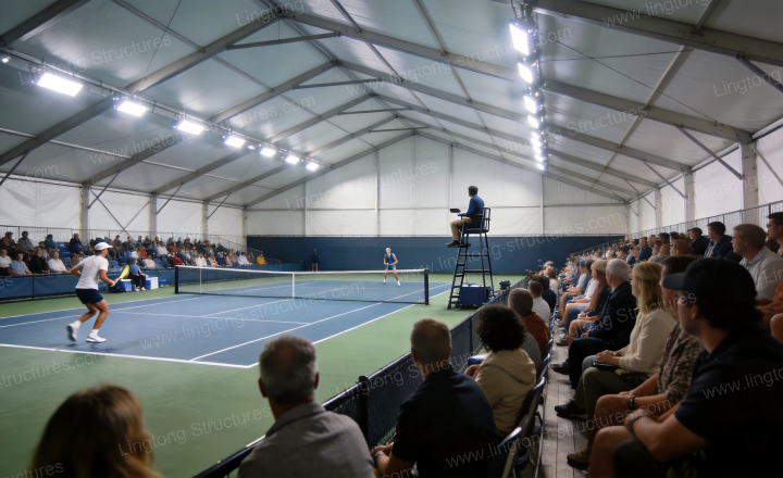 Tennis court tent interior showing professional lighting and clear height for competition play