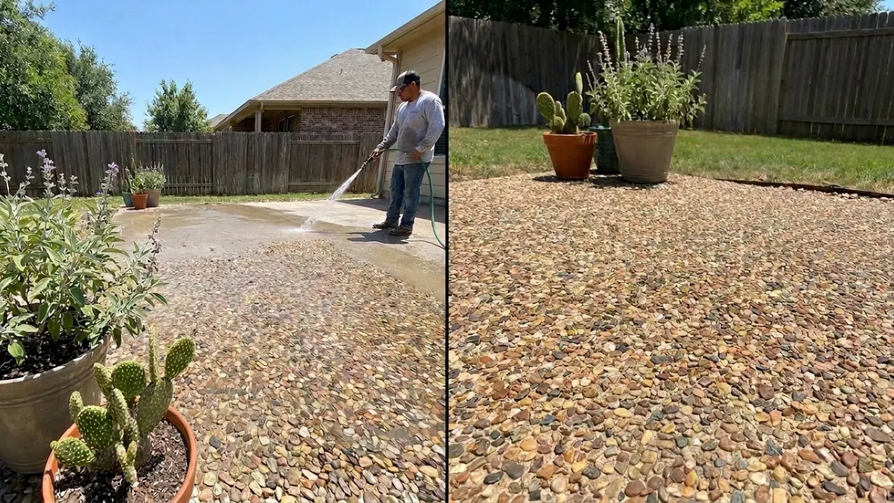 Close-up of an exposed aggregate concrete patio surface in San Antonio, TX — 3/8-inch pea gravel revealed by washing the surface paste, creating the rugged slip-resistant texture the Portland Cement Association recommends for outdoor horizontal slabs