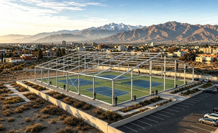 Pickleball Tent interior with courts and natural lighting