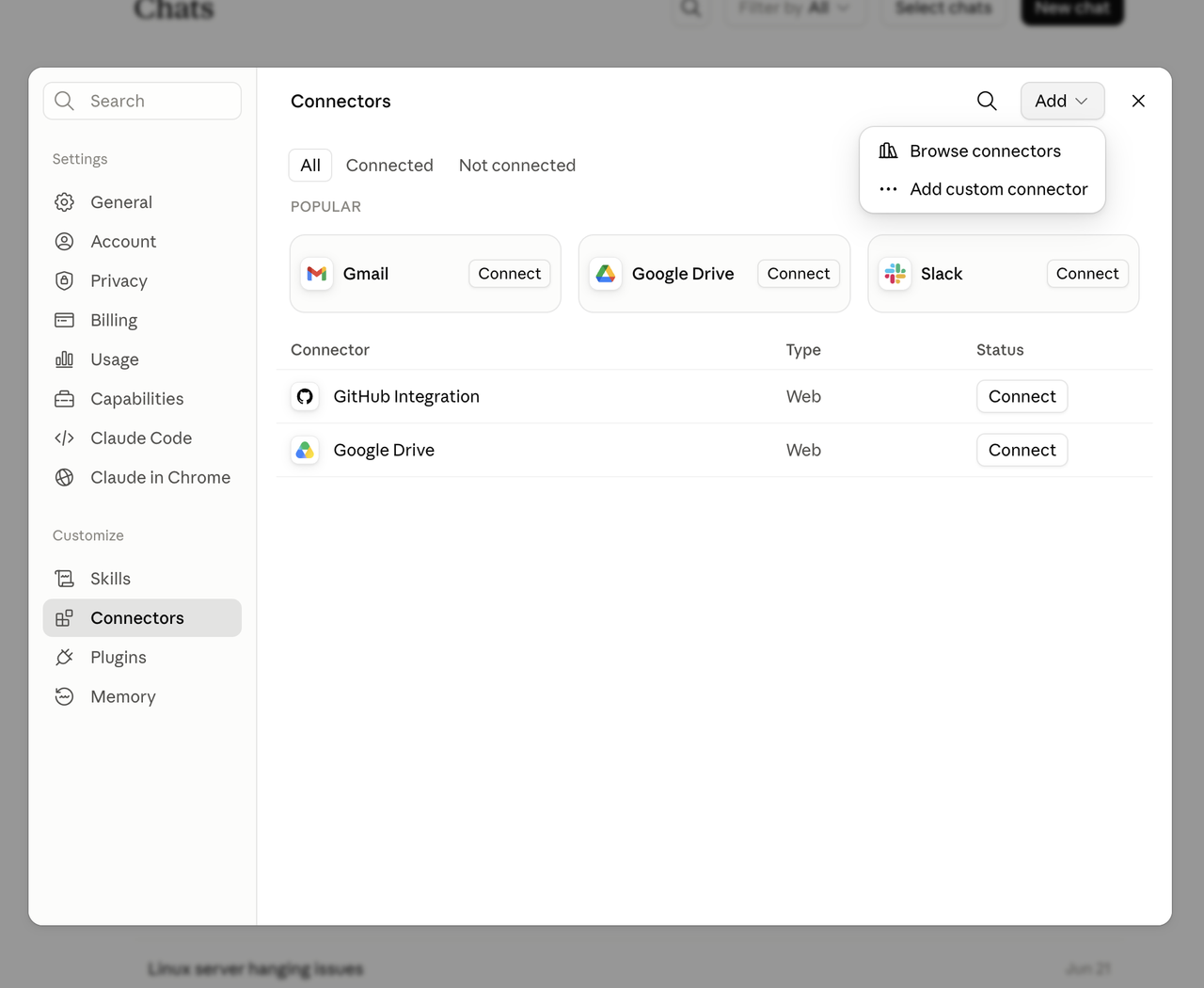 Claude Connectors settings with the Add custom connector menu open