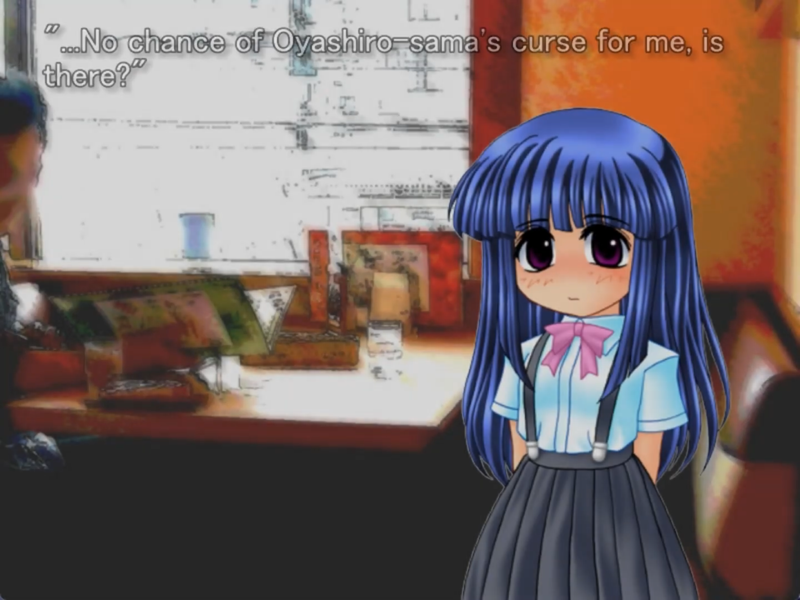 a still image from the original higurashi visual novel. Rika is looked bashfully at the camera and saying “No chance of oyashiro-sama’s curse for me, is there?”