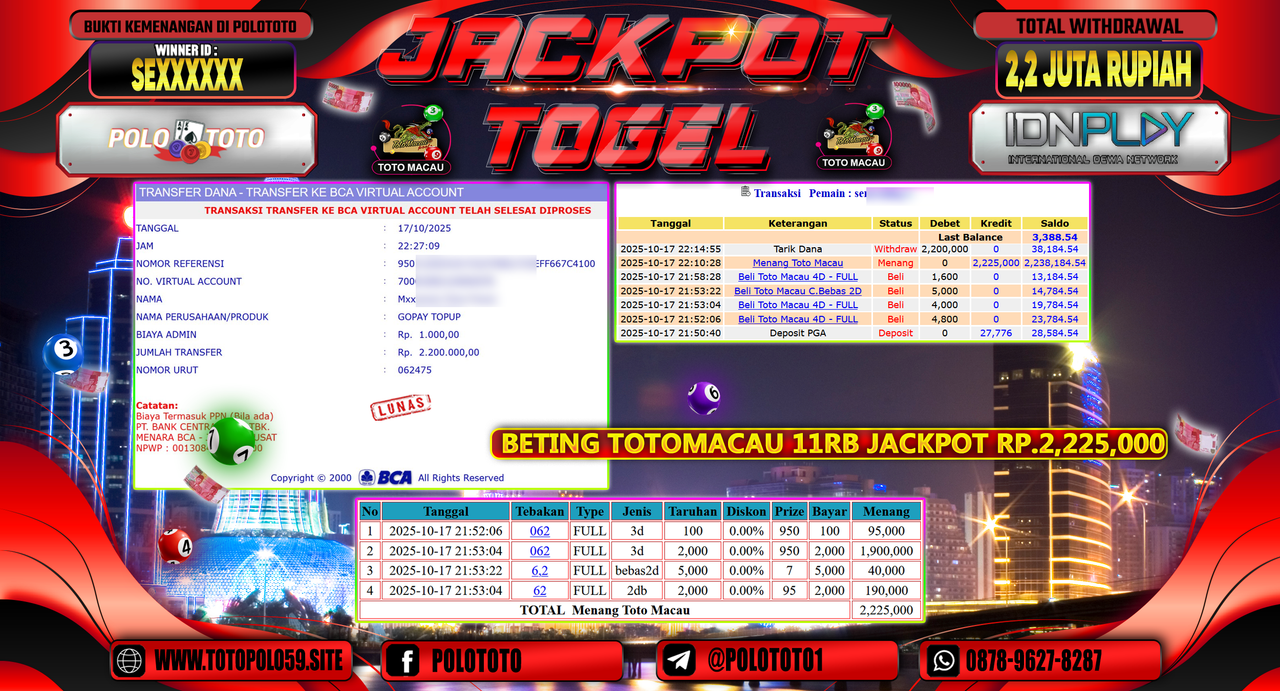 POLOTOTO JACKPOT TOGEL MENANG TOTO MACAU Rp.2.200.000,- LUNAS