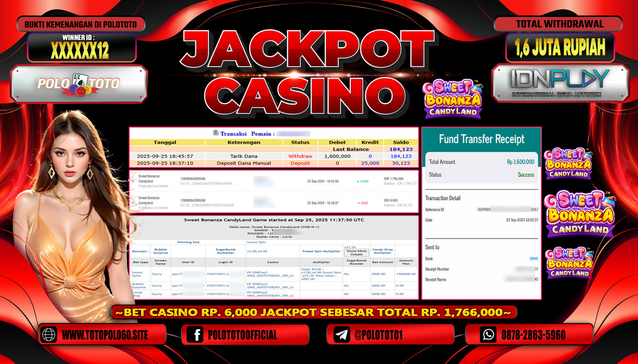 POLOTOTO JACKPOT CASINO SWEET BONANZA CANDYLAND  Rp.1.600.000,- LUNAS