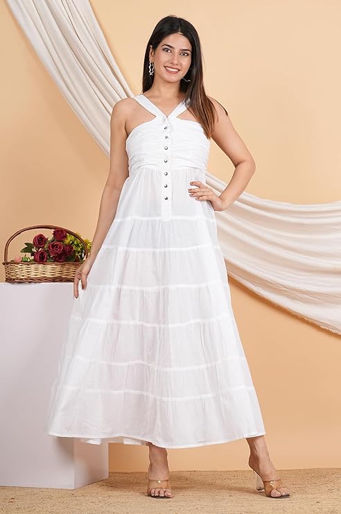 Yash Gallery Women's White Tiered Dress