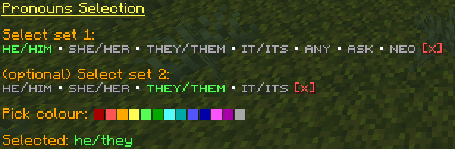 Pronouns selection screen, with two sets to pick from