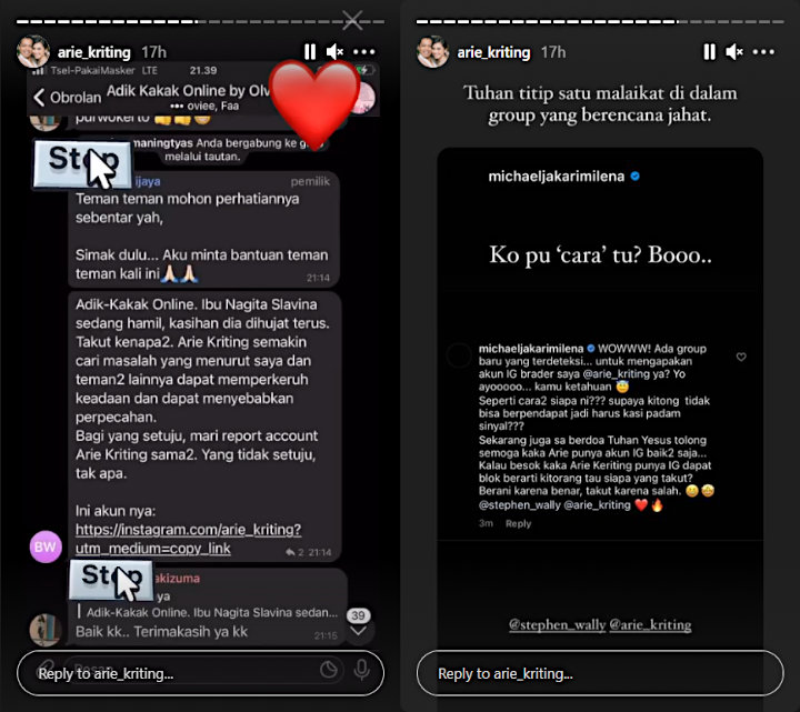Arie Kriting Membeberkan Bukti Pesan Sebuah Grup WA Yang Berisi Ajakan Untuk Mereport Akun Instagram Miliknya