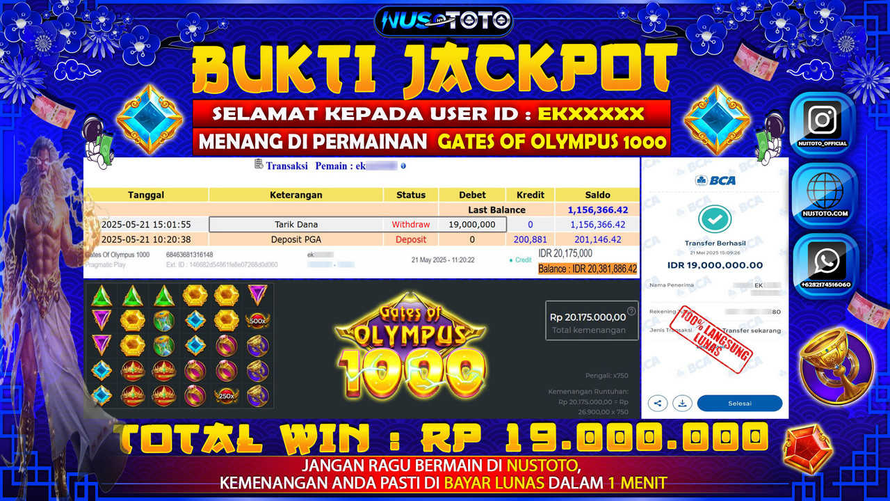 JACKPOT !! MENANG BESAR DI SLOT GATES OF OLYMPUS 1000 Rp. 19.000.000 LANGSUNG DI BAYAR LUNAS NUSTOTO !!