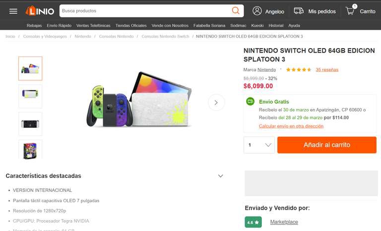 Linio; Nintendo Switch Oled 64GB Edicion Splatoon 3 (12 MSI con Paypal y Sin Promo Bancaria) 
