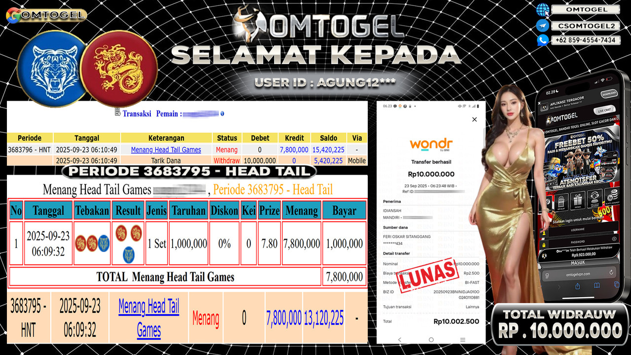 OMTOGEL JACKPOT LIVE GAMES HEAD TAIL 10 JUTA DI BAYAR LUNAS ,-
