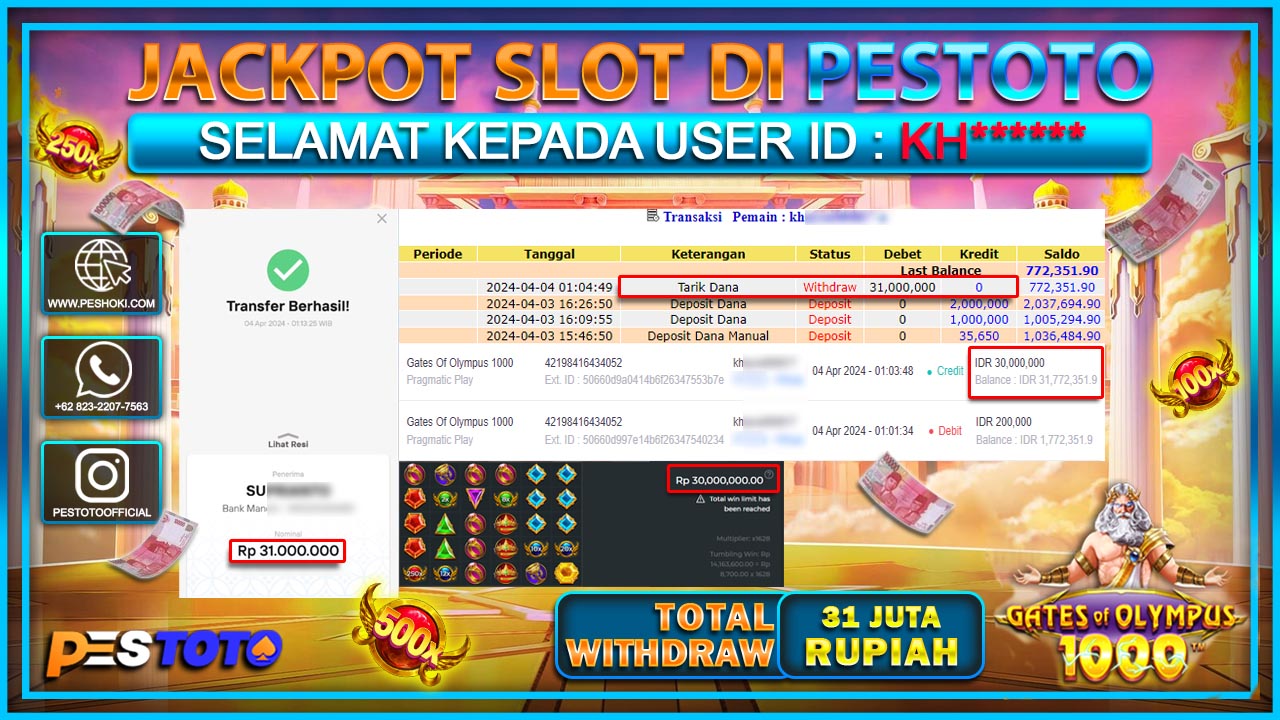 HANYA DI PESTOTO JP PASTI DI BAYAR LUNAS DAN CEPAT!!!!!! JP SLOT{  GATES OF OLYMPUS 1000 } Rp.31.000.000 !!!!!