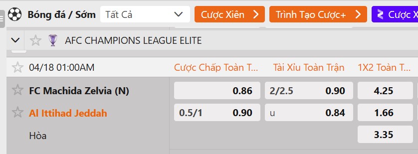 Tỷ lệ kèo FC Machida Zelvia vs Al Ittihad Jeddah