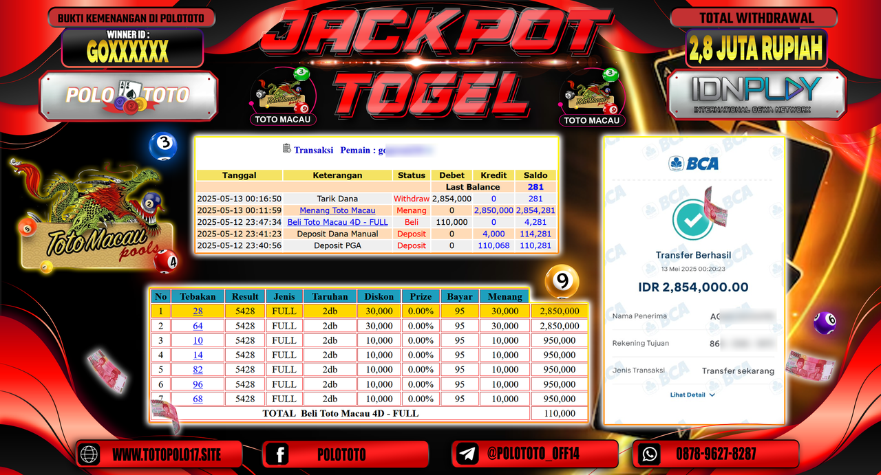 POLOTOTO JACKPOT TOGEL TOTO MACAU Rp.2.854.000,-