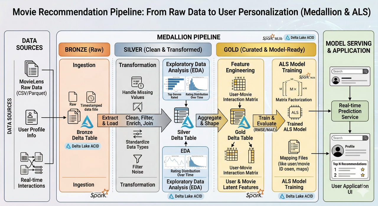 Data processing flow from Raw to ALS Model through the Medallion architecture.