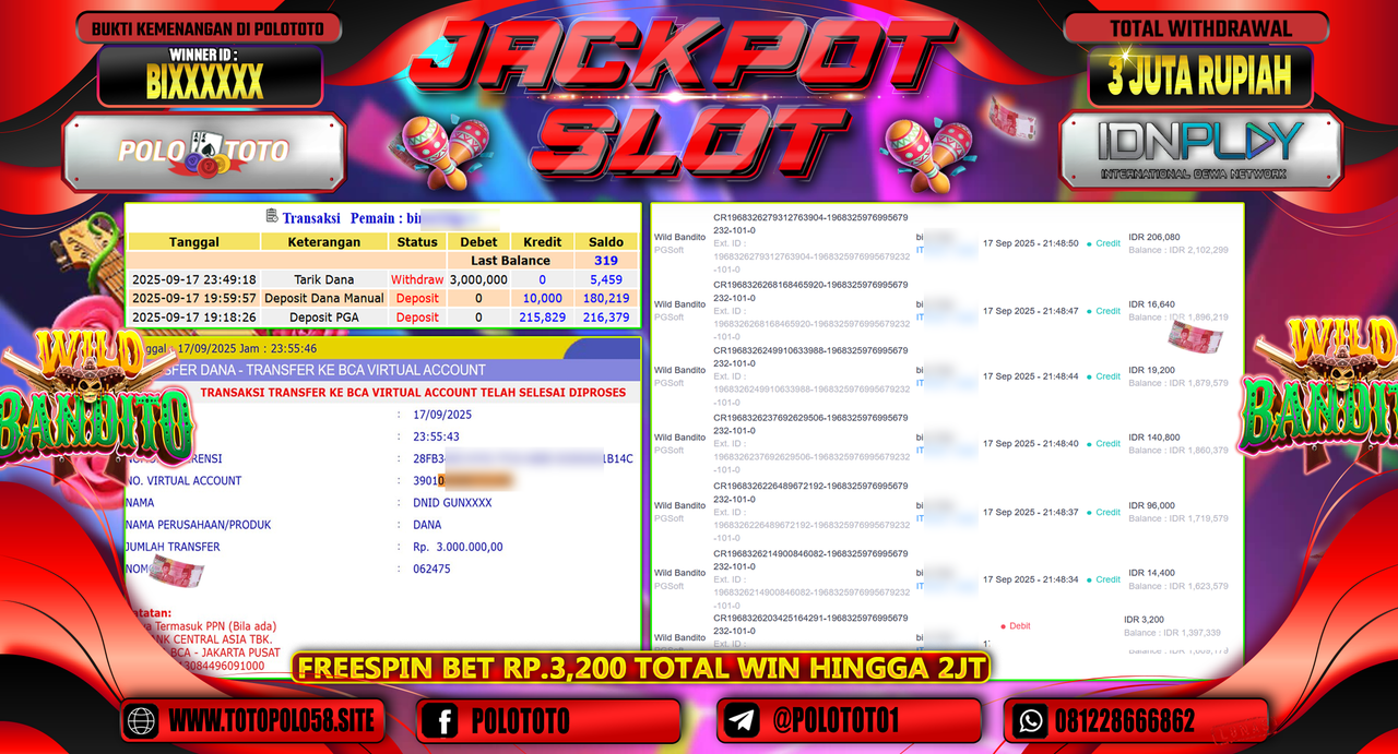 POLOTOTO JACKPOT SLOT WILD BANDITO Rp.3.000.000,-