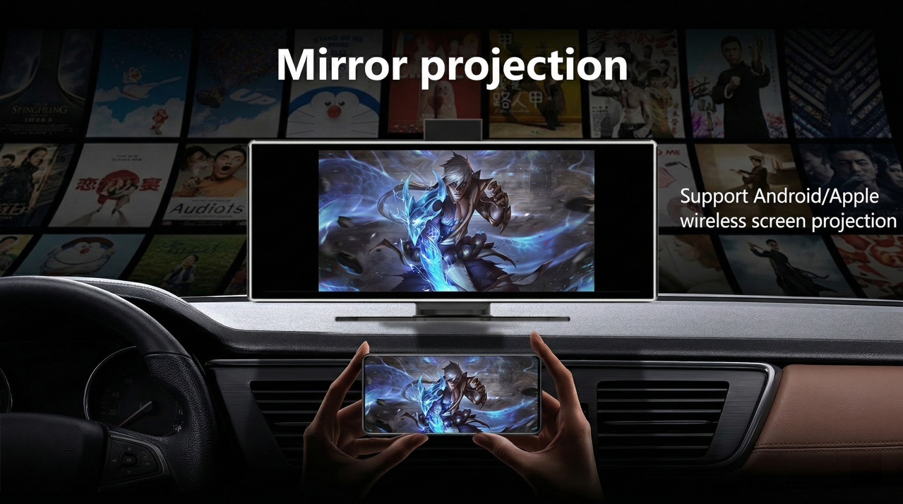Excitat monitor auto cu mirroring wireless, compatibil Android si iPhone, redare video pe ecran mare pentru pasageri