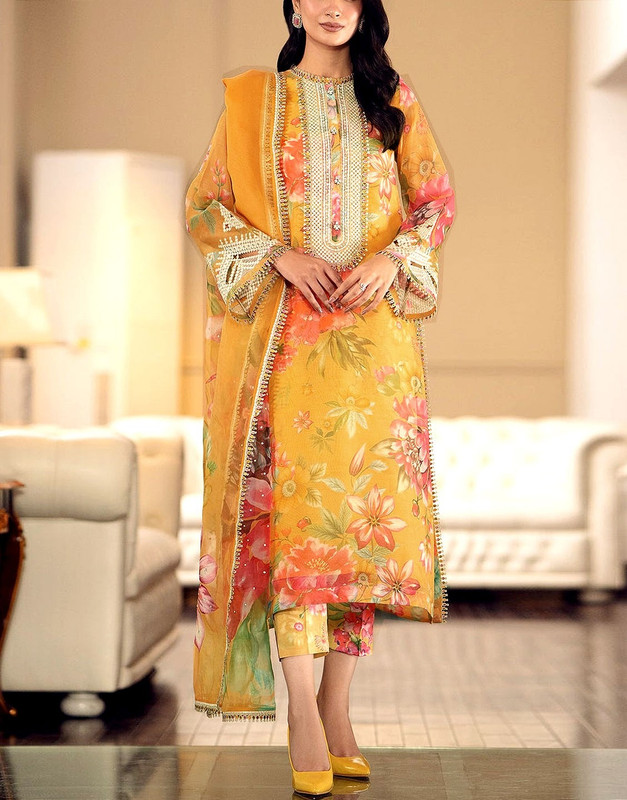 Designer All-Over Print Embroidered Lawn Dress 2026 with Chiffon Dupatta