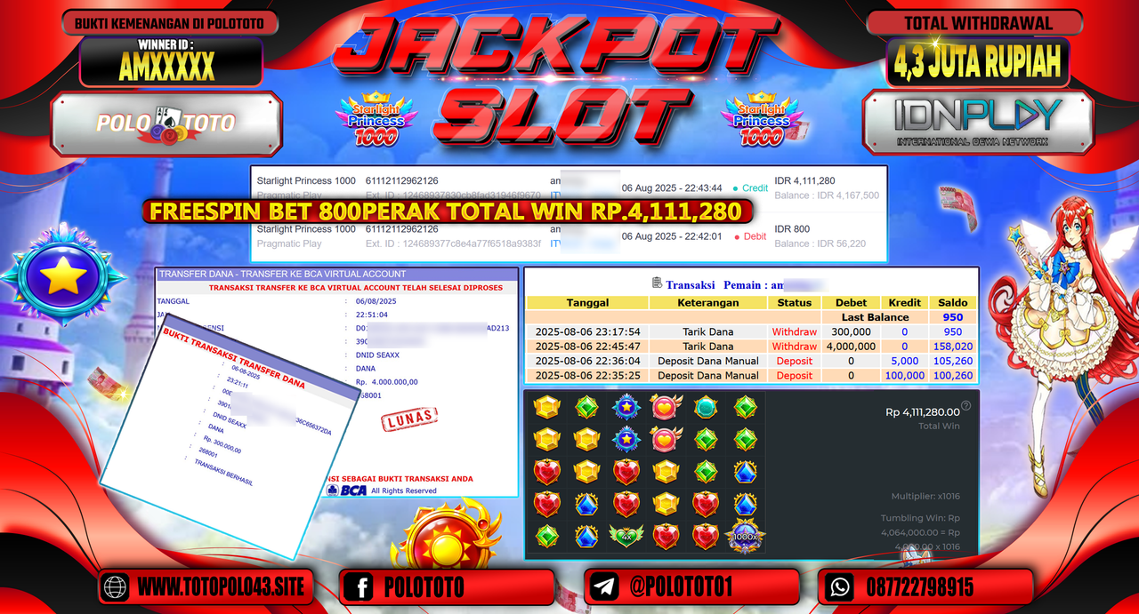 POLOTOTO JACKPOT SLOT STARLIGHT PRINCESS 1000 Rp.4.300.000,-LUNAS
