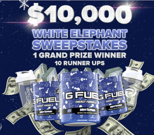 Enter the G Fuel ,000 White Elephant Sweepstakes – 12 Cash & Energy Drink Prize Packs Enter the G Fuel ,000 White Elephant Sweepstakes – 12 Cash & Energy Drink Prize Packs