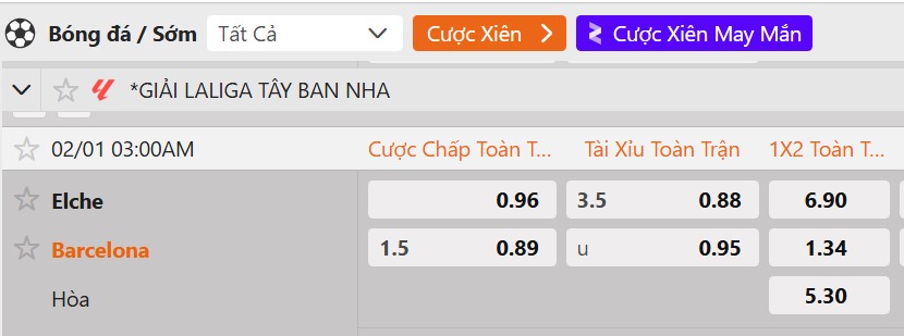 Tỷ lệ kèo Elche vs Barcelona