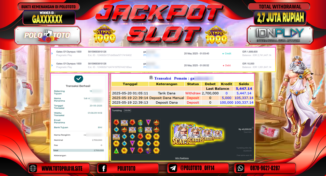 POLOTOTO JACKPOT SLOT GATES OF OLYMPUS 1000 Rp.2.700.000,-