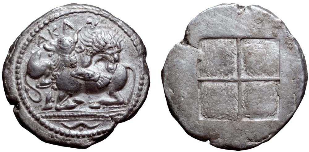 Tetradracma ático. Akanthos (Acanto, Actual Ierissos. Grecia). Año: 470-430 a.C. 2642421