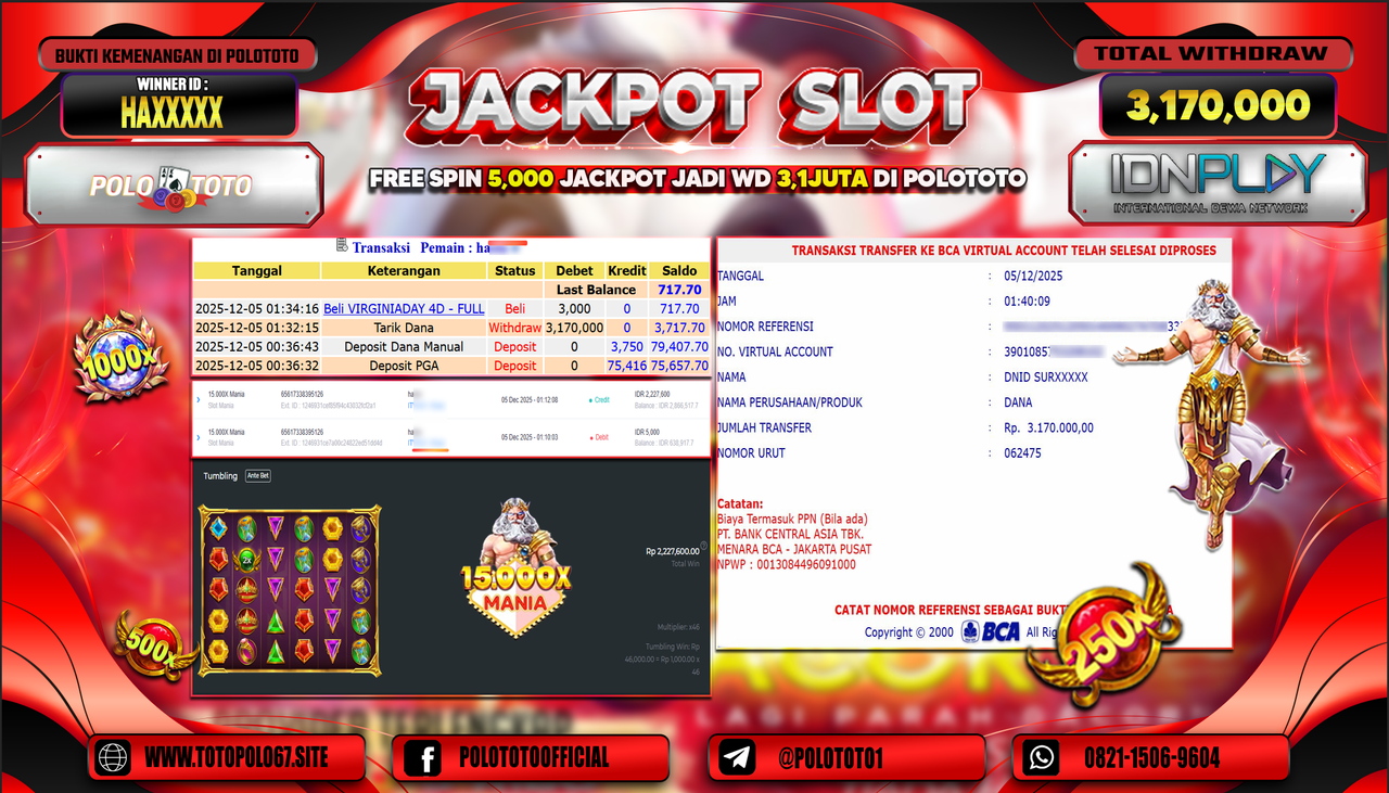 POLOTOTO JACKPOT SLOT 15.000 MANIA Rp.3.170.000,- LUNAS