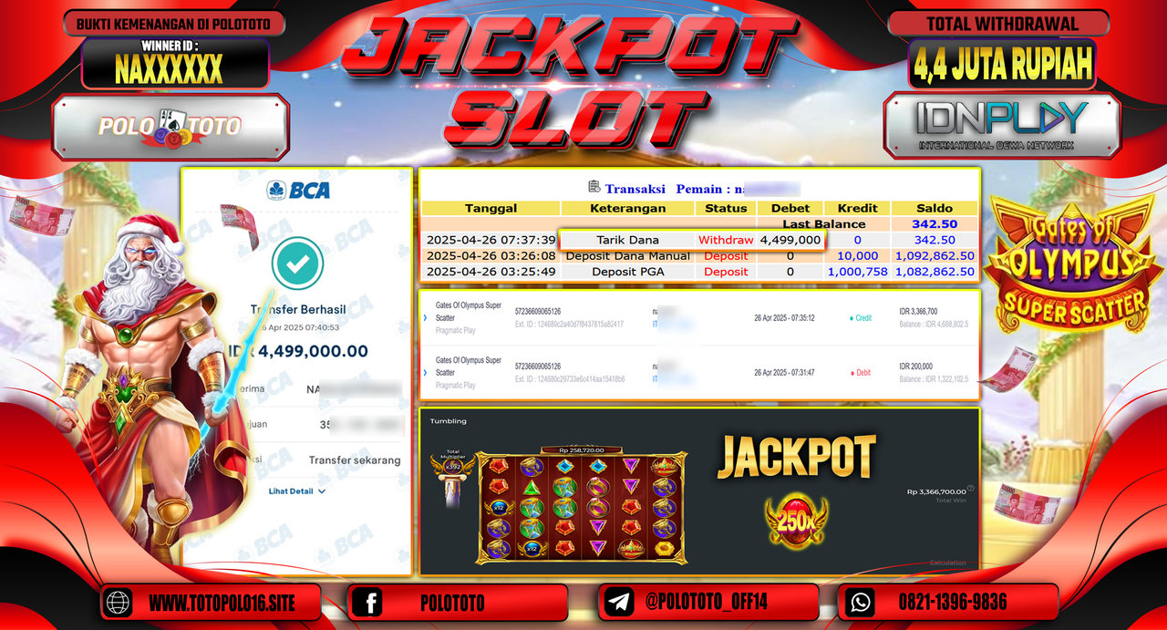POLOTOTO JACKPOT SLOT GATES OF OLYMPUS SUPER SCATTER Rp.4.499.000,-