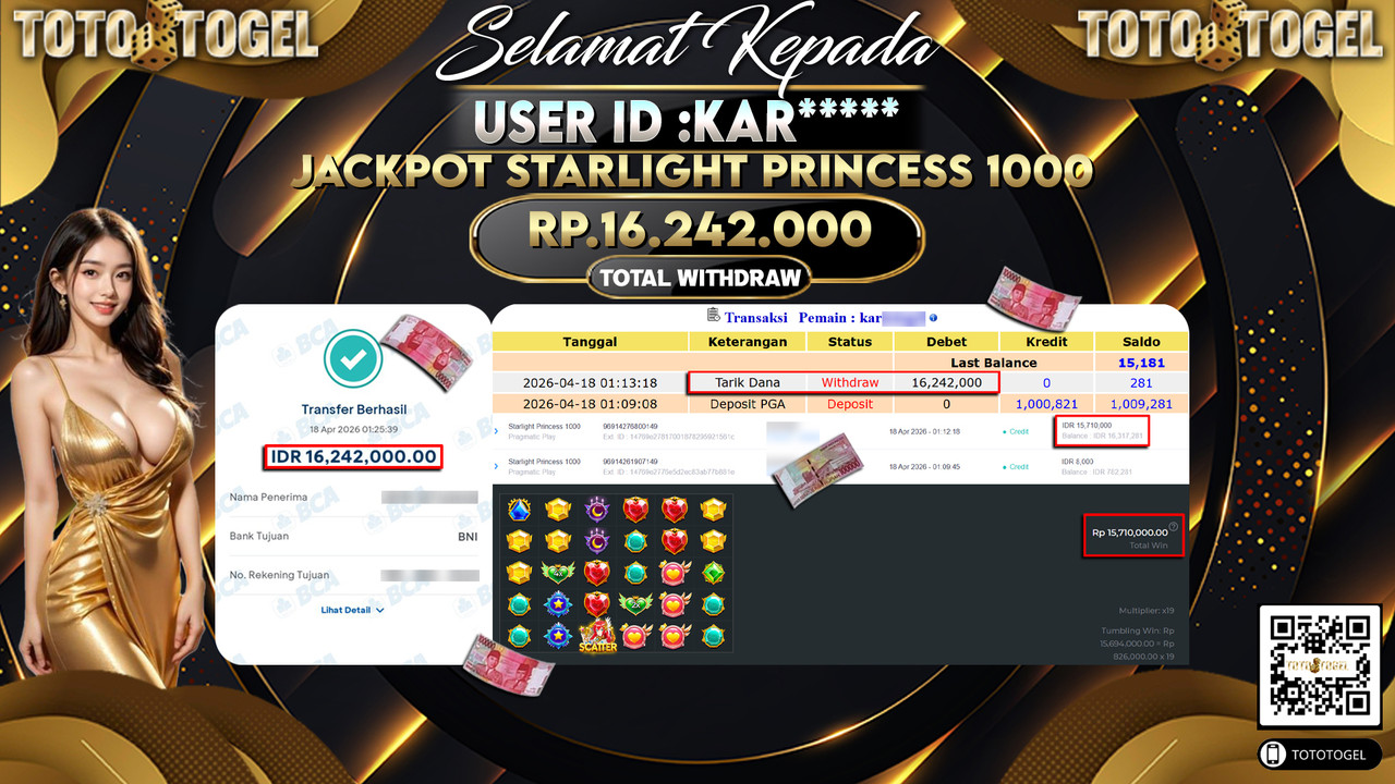Bukti Pembayaran Jackpot Permainan Slot Starlight Princess 1000 ID:KAR*****LUNAS