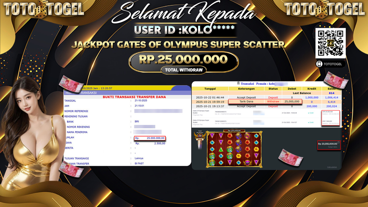 Bukti Pembayaran Jackpot Permainan Slot Gates Of Olympus Super Scatter ID:KOLO**** LUNAS