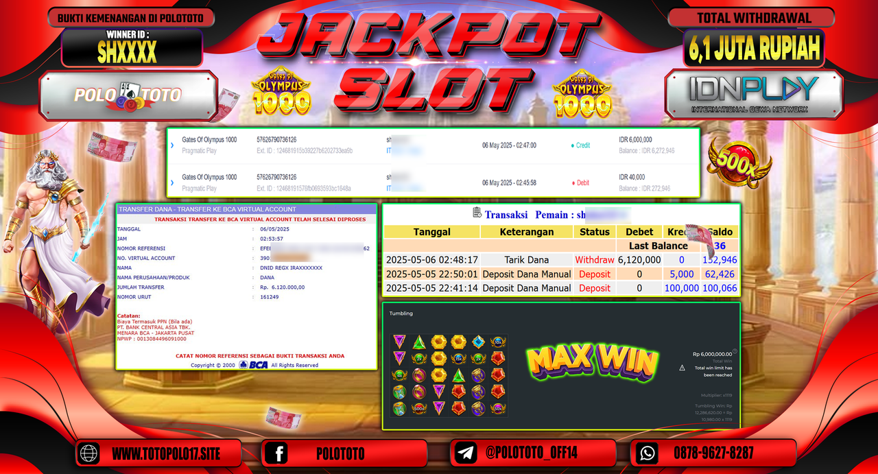 POLOTOTO JACKPOT SLOT GATES OF OLYMPUS 1000 Rp.6.120.000,-