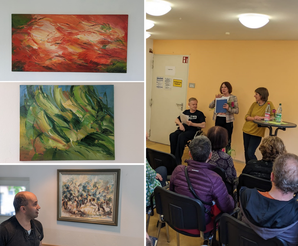 Links: Einige der neuen Kunstwerke. Unten: Der Bewohner Najib zeigt uns sein Lieblingsbild. Rechts: Der Bewohner Bernd, Gabriele Saatkamp und Martha Weggenmann heißen die Gäste der Vernissage willkommen.