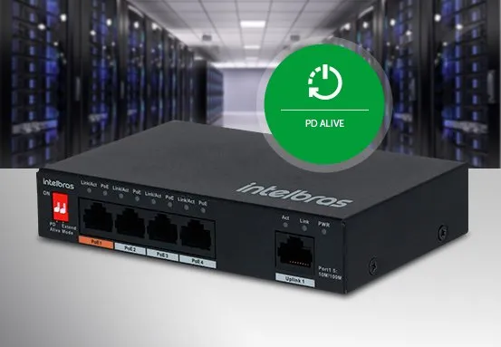 Detalhe da nova função PD Alive do Switch SF 500 Hi-PoE, garantindo a estabilidade do sistema.