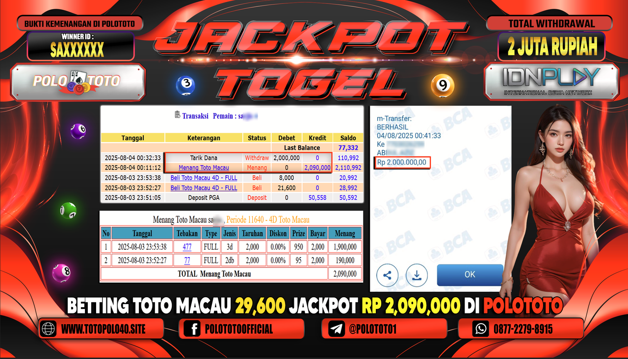 POLOTOTO JACKPOT TOGEL TOTO MACAU Rp.2.000.000,-LUNAS