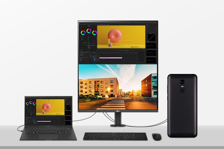 Monitor LG DualUp Ergo 28MQ780-B com dois PCs conectados via PBP e KVM