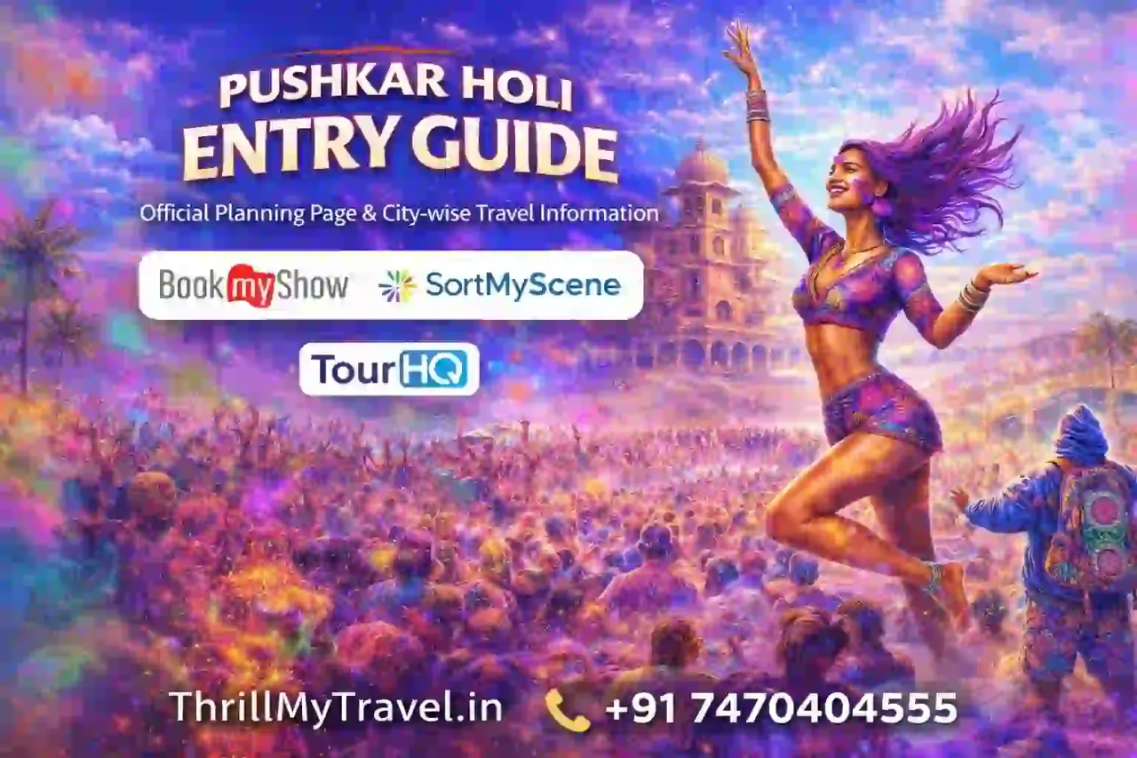 Pushkar Holi 2026 travel guide, public Holi celebration at Pushkar Mela Ground by ThrillMyTravel