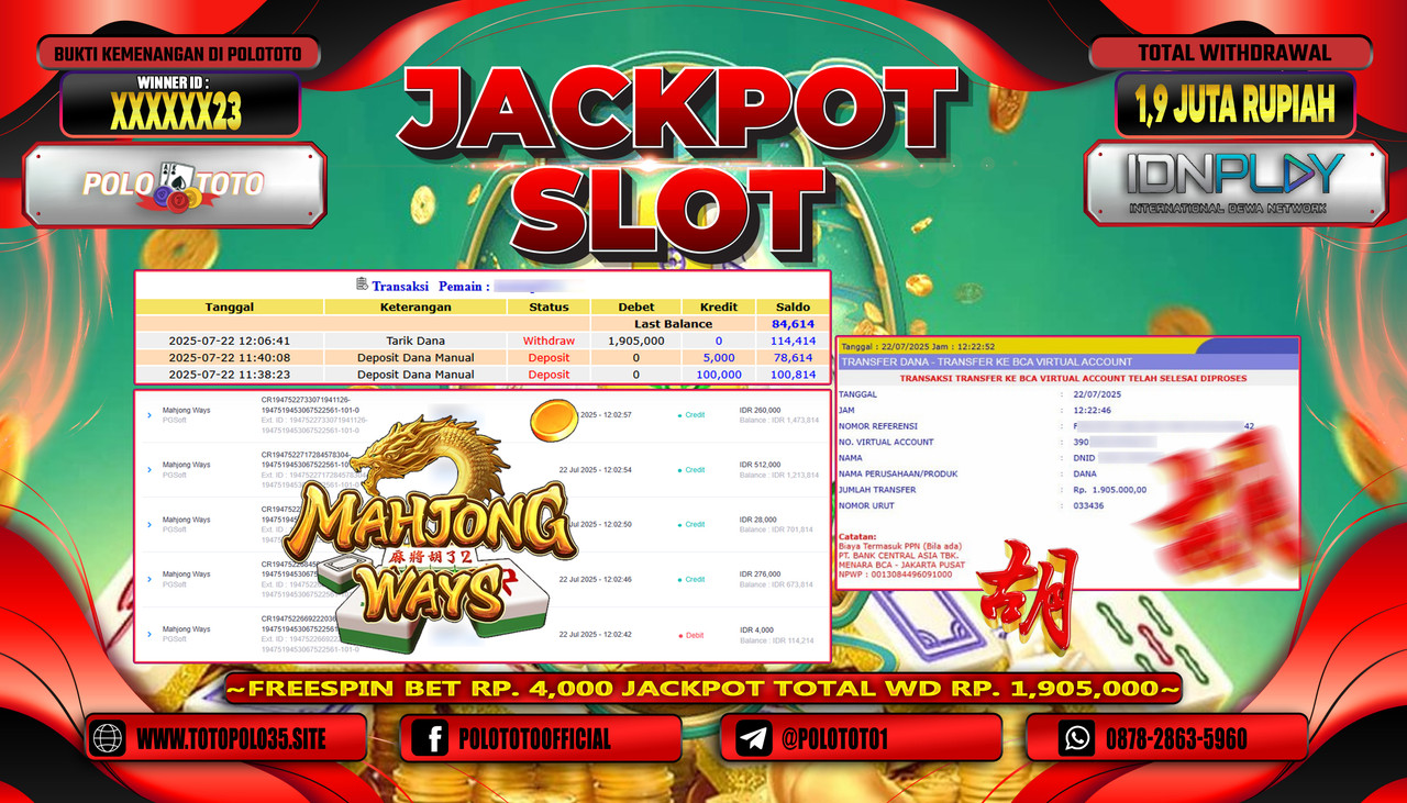 POLOTOTO JACKPOT SLOT MAHJONG WAYS Rp.1.900.000,- LUNAS