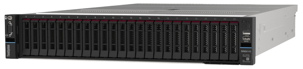 Vista frontal do Servidor Rack Lenovo SR650 V3 com baias de armazenamento