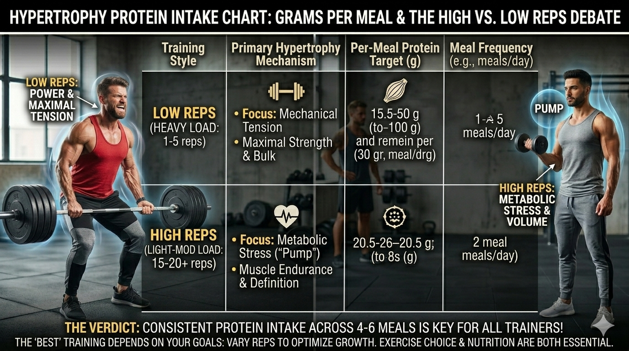 Protein intake chart for hypertrophy showing grams per meal for high reps vs low reps which is best for hypertrophy