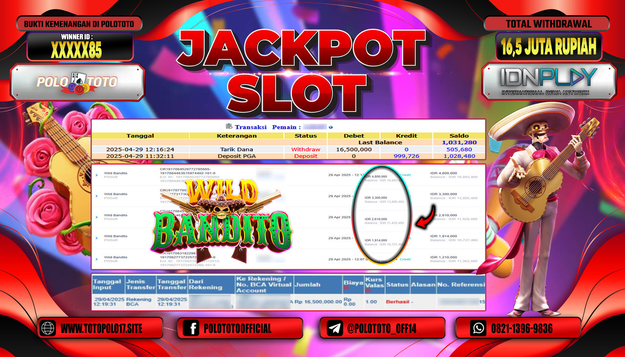 POLOTOTO JACKPOT SLOT WILD BANDITO Rp.16.500.000,-