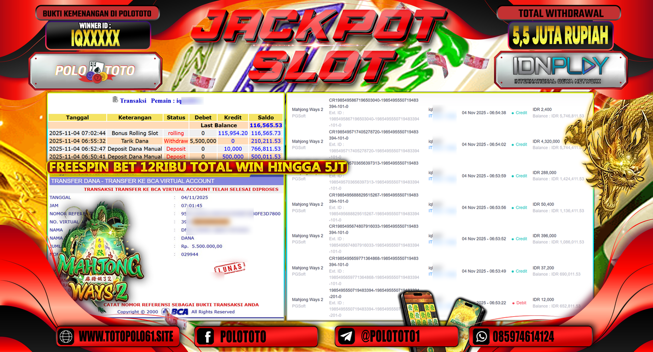 POLOTOTO JACKPOT SLOT MAHJONG WAYS 2 Rp.5.500.000,- LUNAS