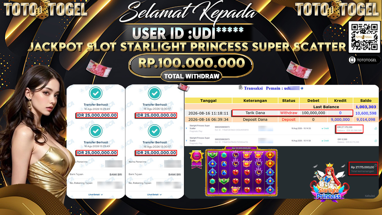 Bukti Pembayaran Jackpot Slot STARLIGHT PRINCESS SUPER SCATTER ID:UDI*****LUNAS