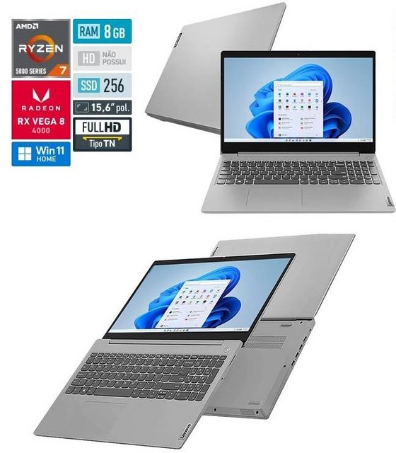 Notebook Lenovo Ultrafino Ideapad 3 AMD Ryzen 7-5700u 8GB 256GB SSD W11 15,6″ – Prata