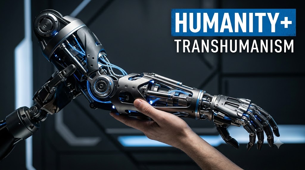 AI-generated example result for the youtube-thumbnail prompt: Tech Review & Unboxing – "HUMANITY+ / TRANSHUMANISM" | Tech Review And Unboxing Youtube Thumbnail AI YouTube Thumbnail Prompt