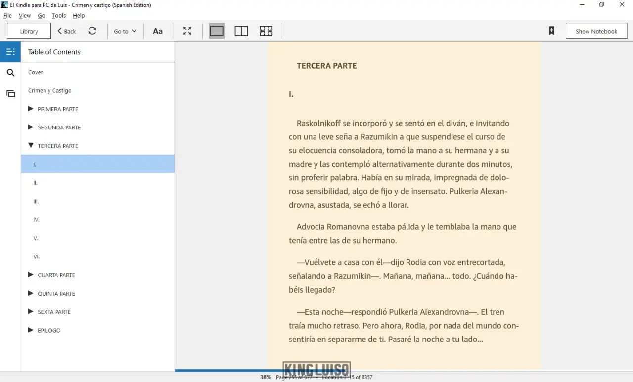 Muestra de la tercera parte del libro «Crimen y Castigo» en la edición en español y con la tabla de contenido abierta