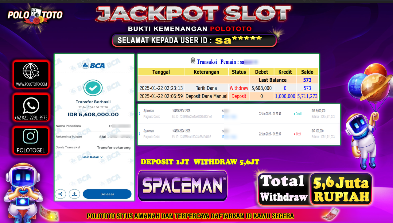 POLOTOTO JACKPOT SLOT SPACEMAN Rp.5,608.000,-