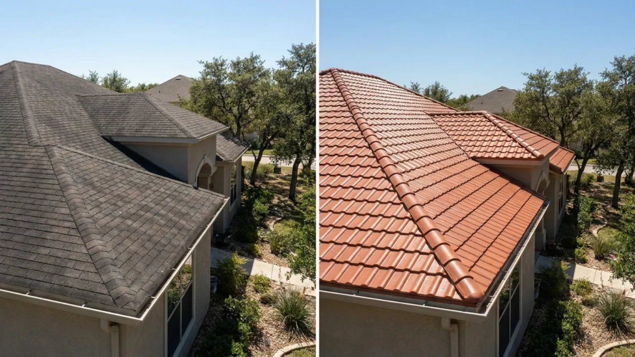 Roofing material comparison asphalt shingle metal tile San Antonio TX