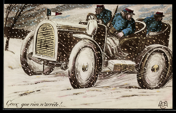 AK Auto des franzoesischen Militaers mit 3 Soldaten bei Fahrt durch Schneetreiben