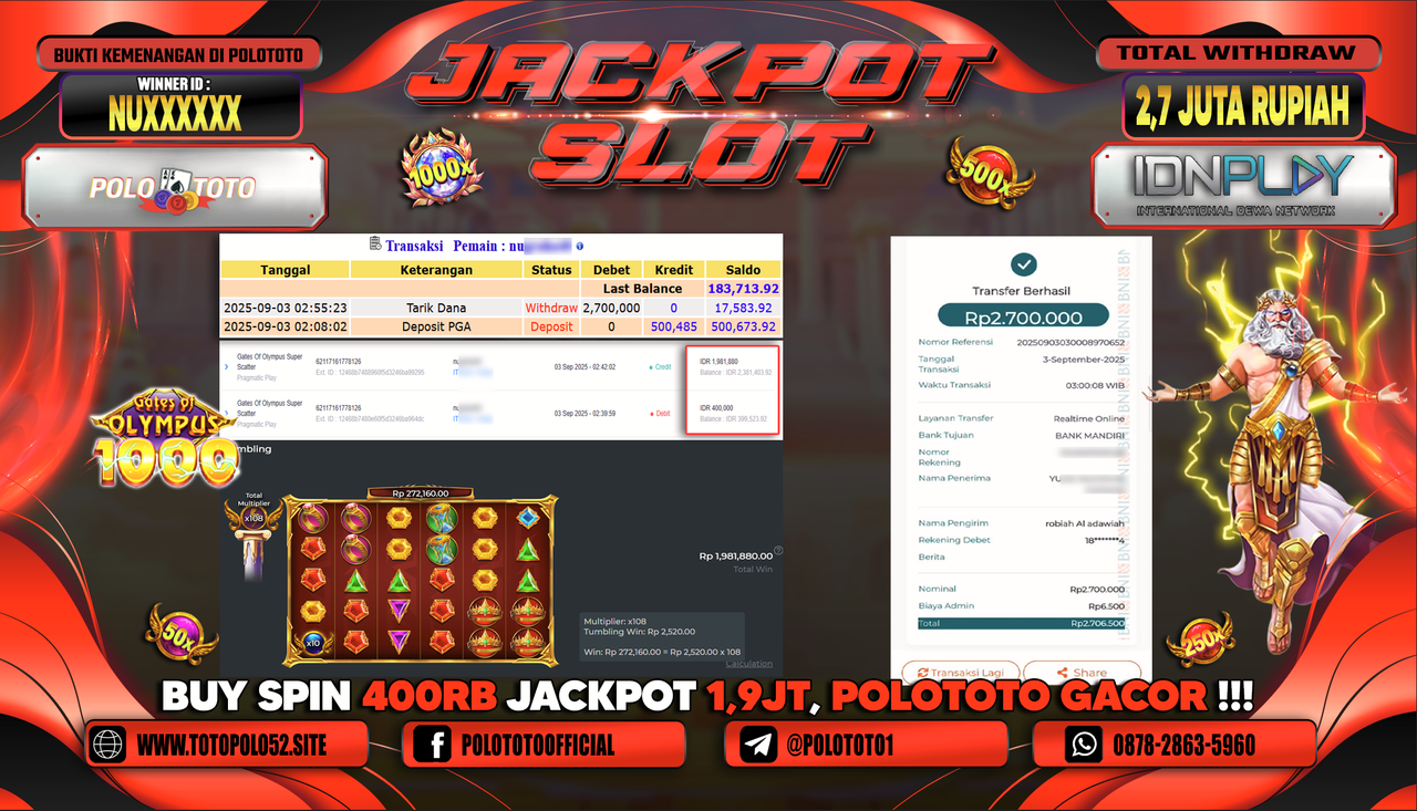 POLOTOTO JACKPOT SLOT GATES OF OLYMPUS SUPER SCATTER Rp.2.700.000,-